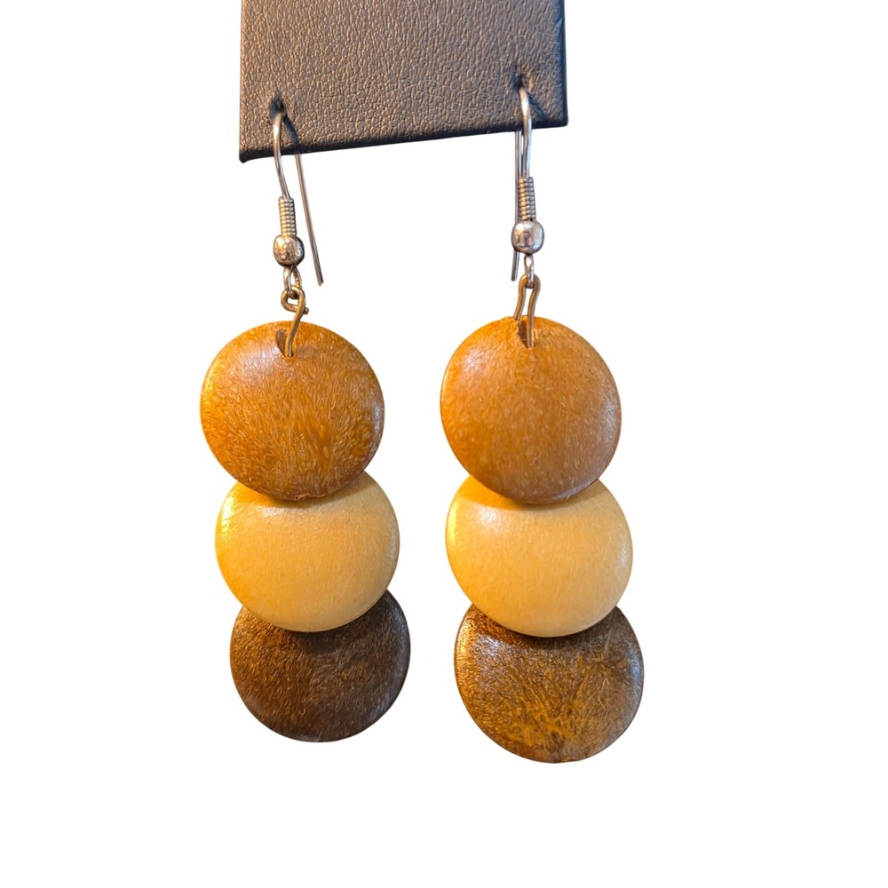 Mustard Yellow Wood Bead Dangle Earrings Boho Statement Lightweight Drop Jewelry